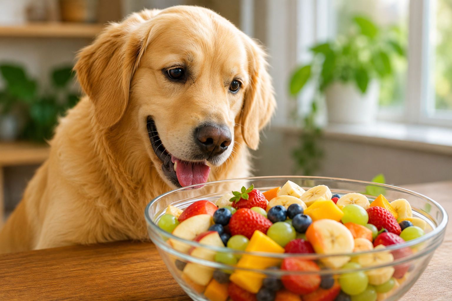 Cachorro olhando frutas